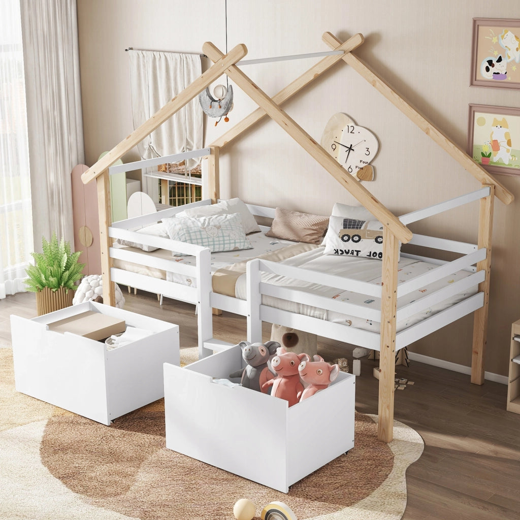 Letto a castello per bambini 90x200 - Xylo - Con tetto, scaletta, cassetti
