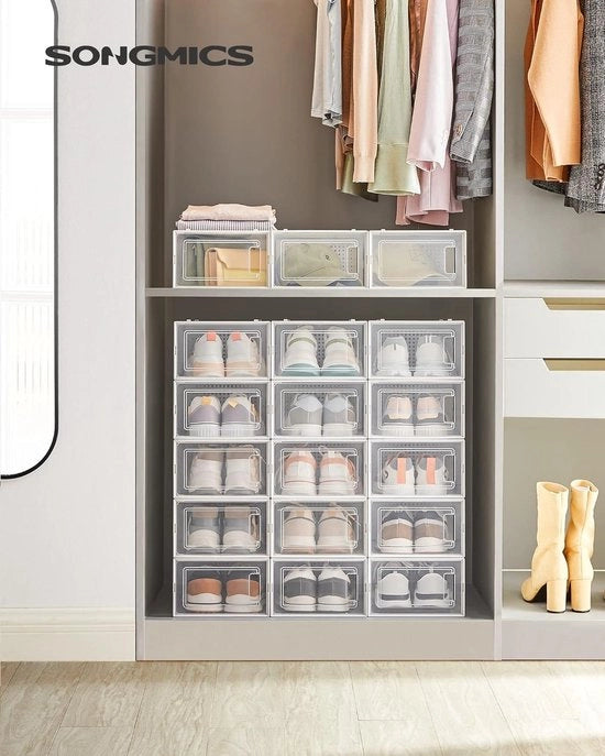 Set di 18 scatole per scarpe - Opvougbile e stivabile - Bianco trasparente - Fino a numero 42