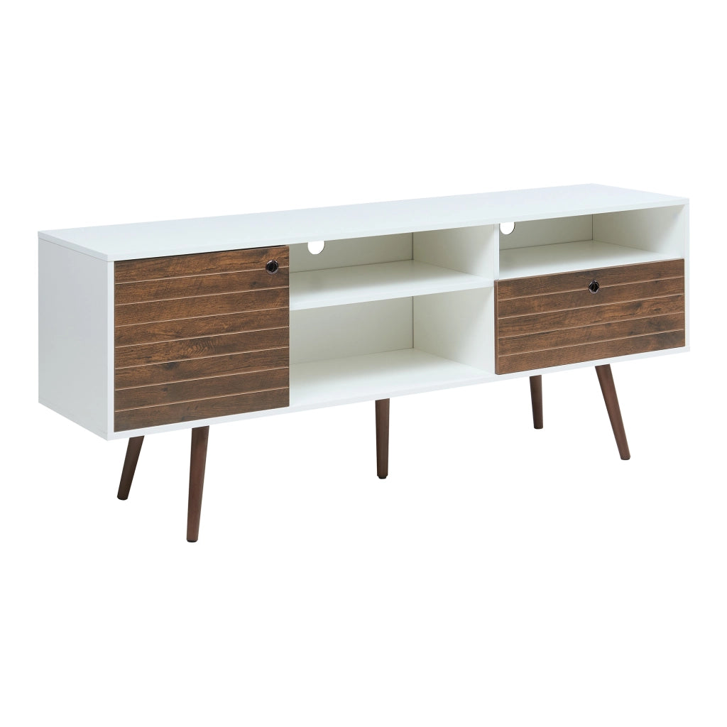 Mobile TV Vare con Cassetto Anta e Vani Aperti 165x40x66 cm - Bianco/Effetto Noce [en.casa]