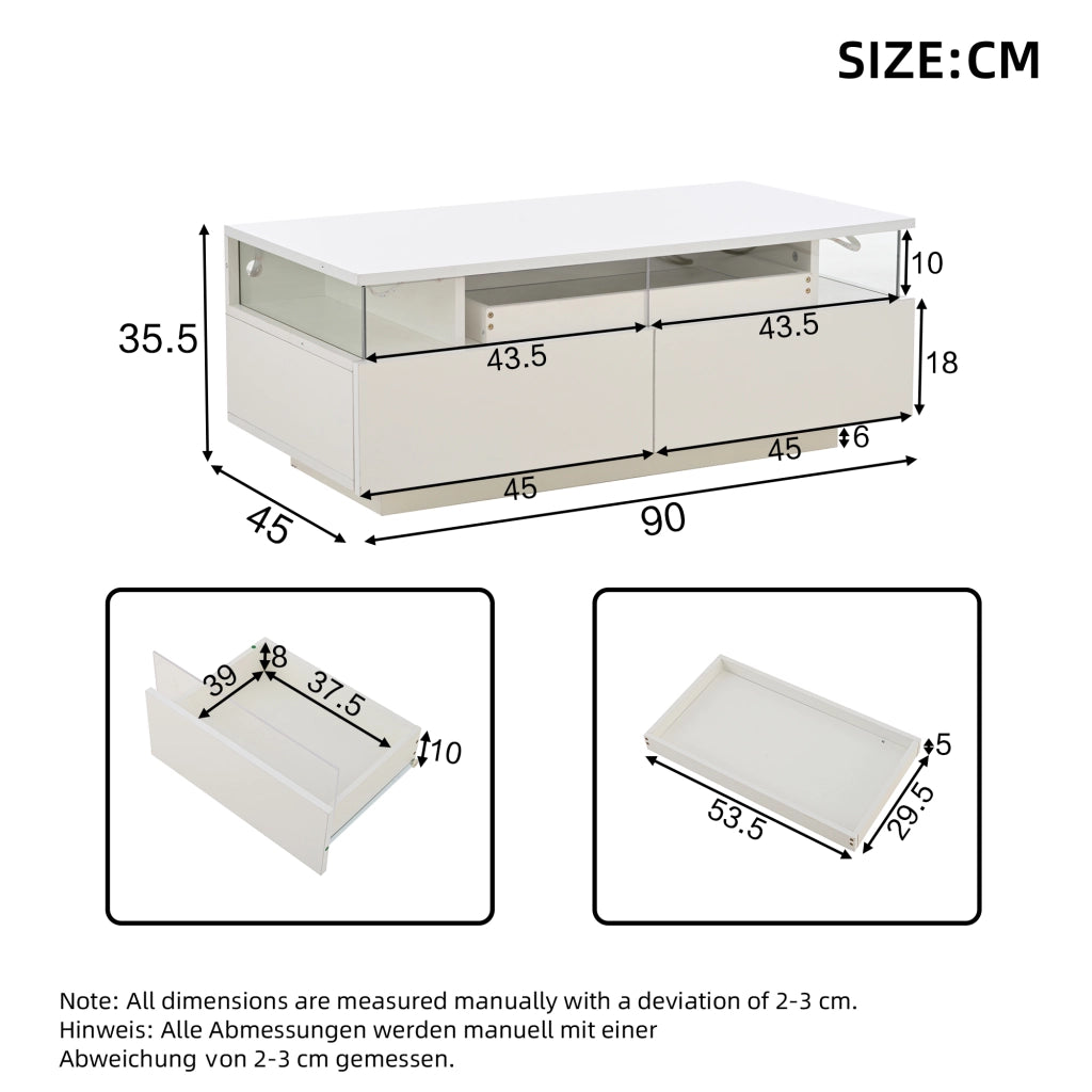 TAVOLINO DA SALOTTO 90x45x35,5 cm Bianco Lucido con 2 Cassetti e Vassoio