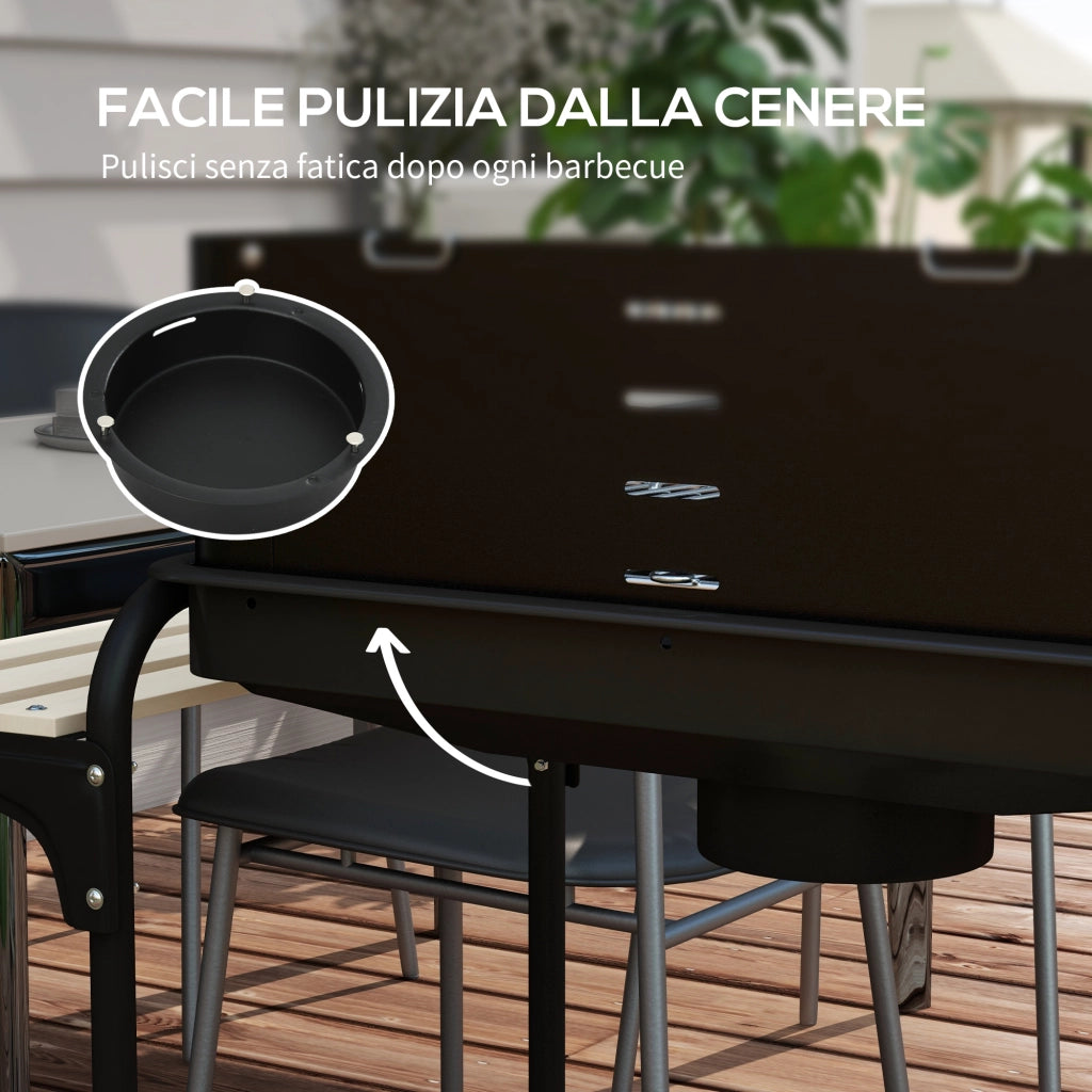 Barbecue a Carbonella ad Altezza Regolabile con 3 Ripiani e Vassoio, in Metallo Legno, 113x53.5x82.5 cm, Nera