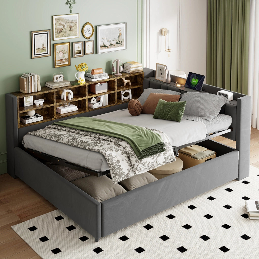 Letto imbottito 140x200 cm con vano idraulico e prese USB-C