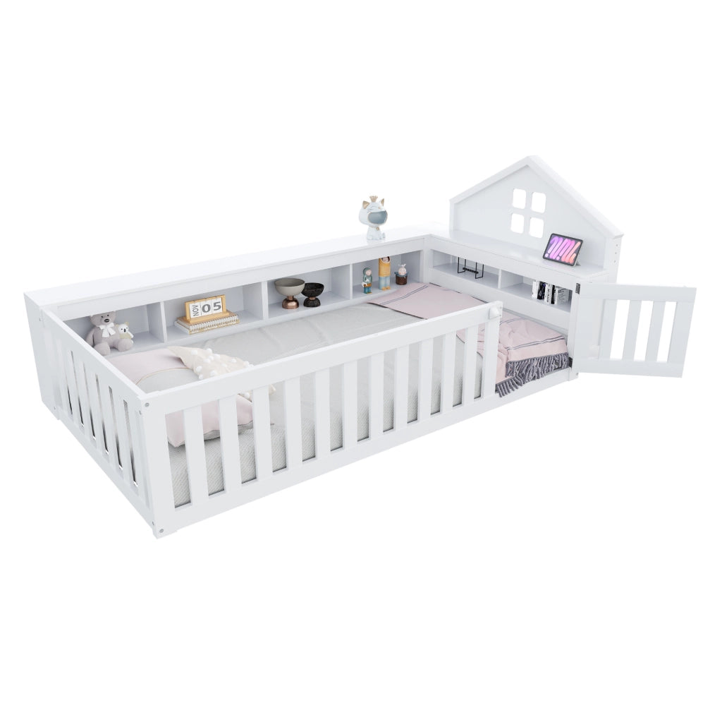 Letto per bambini 90x200 cm con contenitore; tetto con finestra; bianco