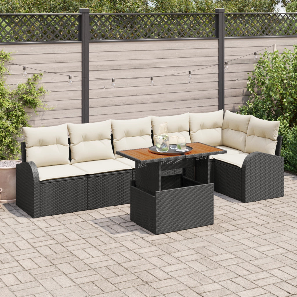 Set da Pranzo da Giardino in 7 Pezzi con Cuscini Nero Rattan Polietilene Acacia