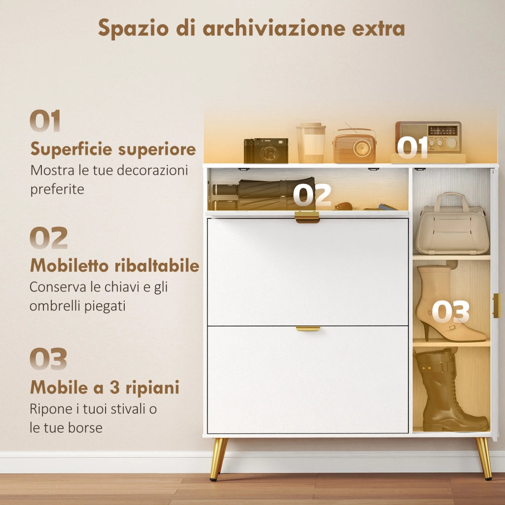 Scarpiera Salvaspazio Slim 99,4x23,8x106,6 cm per 12 Paia con Ante a Ribalta con Ripiani Regolabili in MDF Bianco