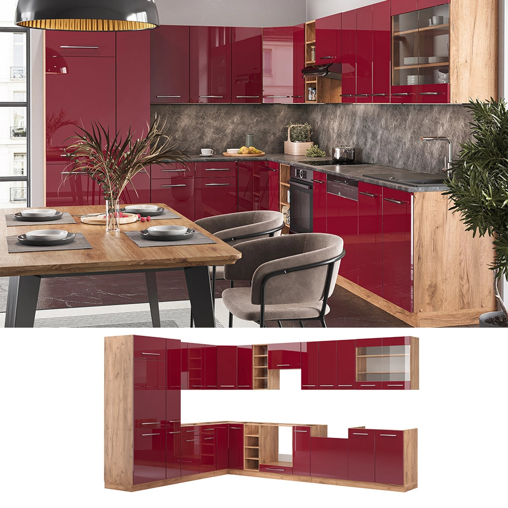 Cucina angolare completa Fame-Line Bordeaux lucido/Rovere dorato 347 x 60 cm, PL Antracite Vicco