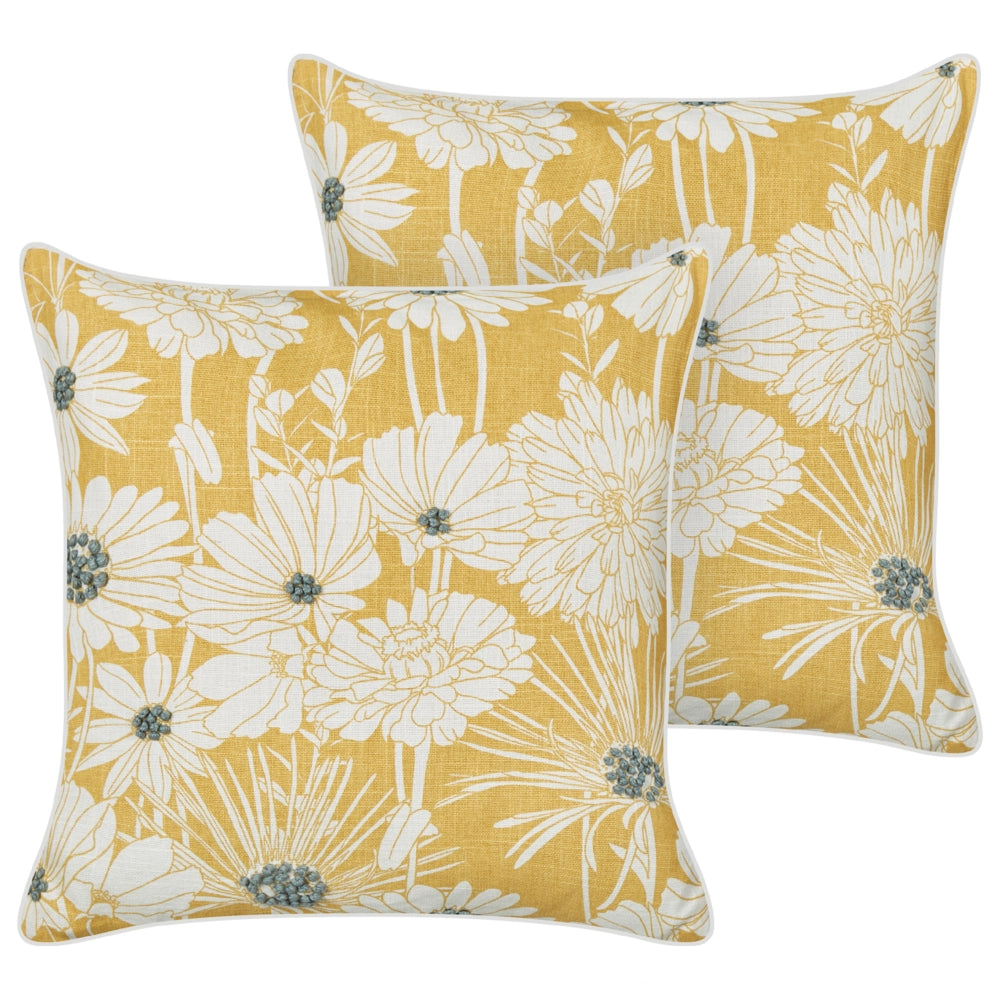 Set di 2 cuscini in cotone ricamato con motivi floreali gialli 45 x 45 cm salotto camera da letto
