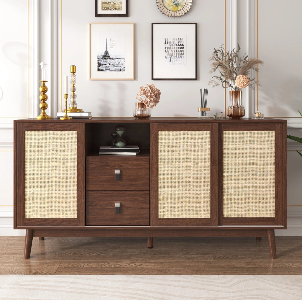 Sideboard 155x38x80 cm con 3 ante scorrevoli in rattan e 2 cassetti