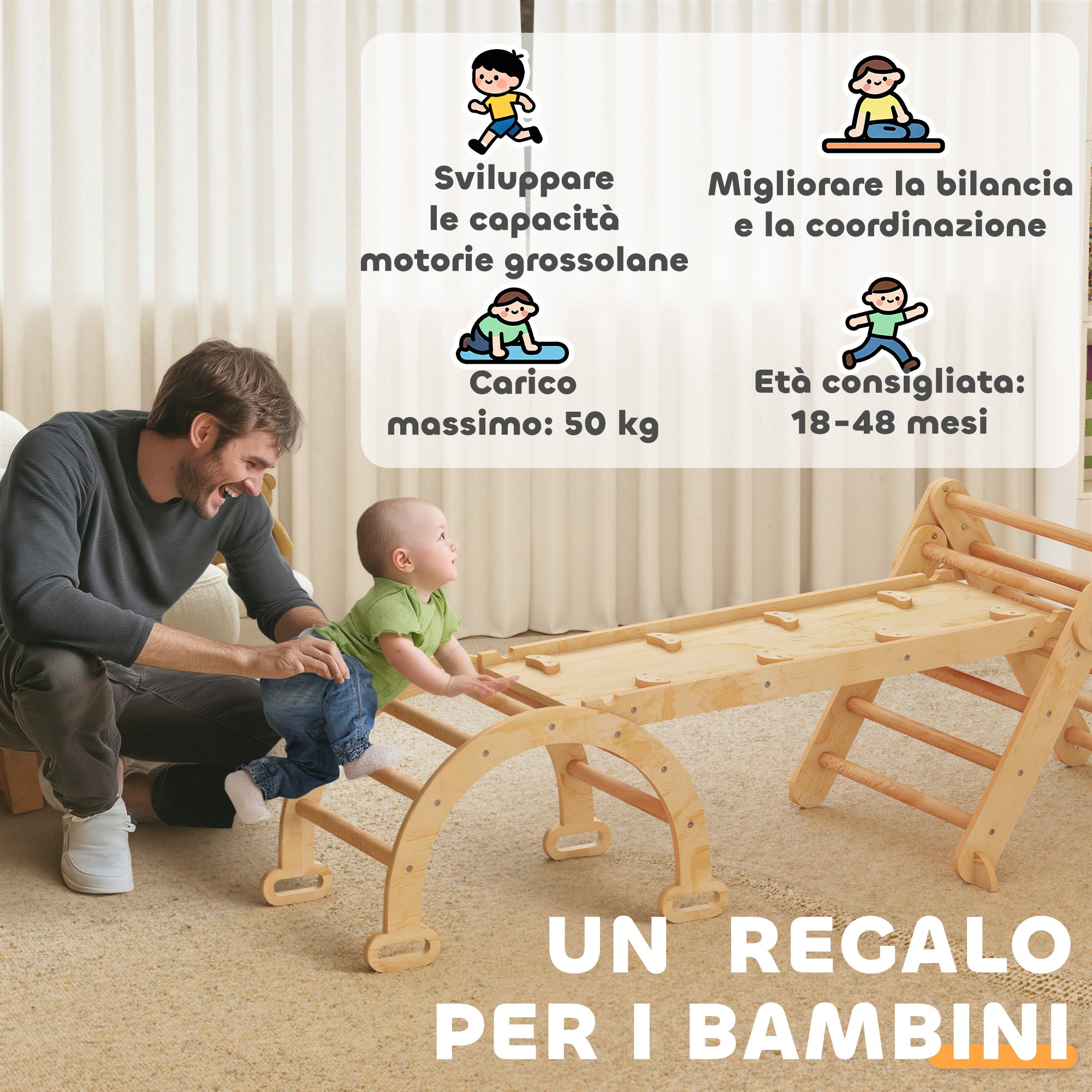 Gioco per Bambini 5 in 1 con Triangolo Parete Liscia e Arco 188x70x59 cm in Legno di Pioppo e Pino