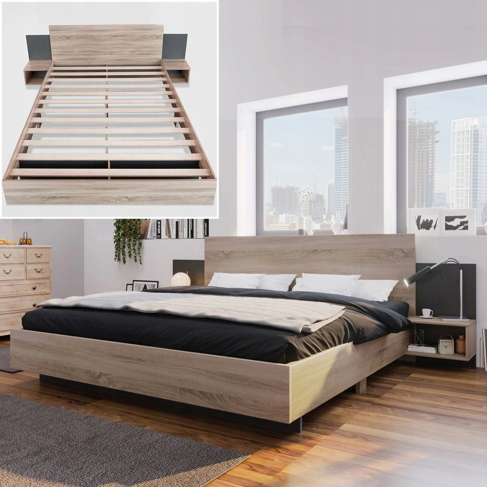 Letto matrimoniale 160x200 - Xylo - Comodini integrati colore grigio scuro