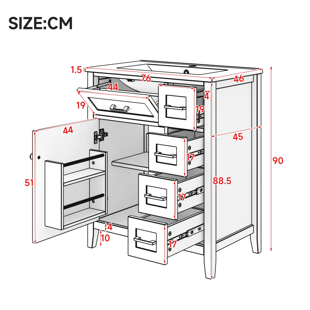 Mobile da Bagno con Lavabo Integrato e Cassetti ¨C MINIMAL ¨C Bianco 76x46x90