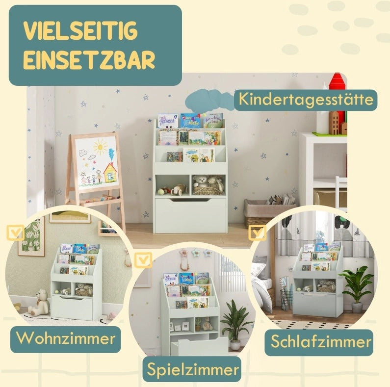 Libreria per bambini verde con cassetto e vani aperti 60 x 29,9 x 90 cm