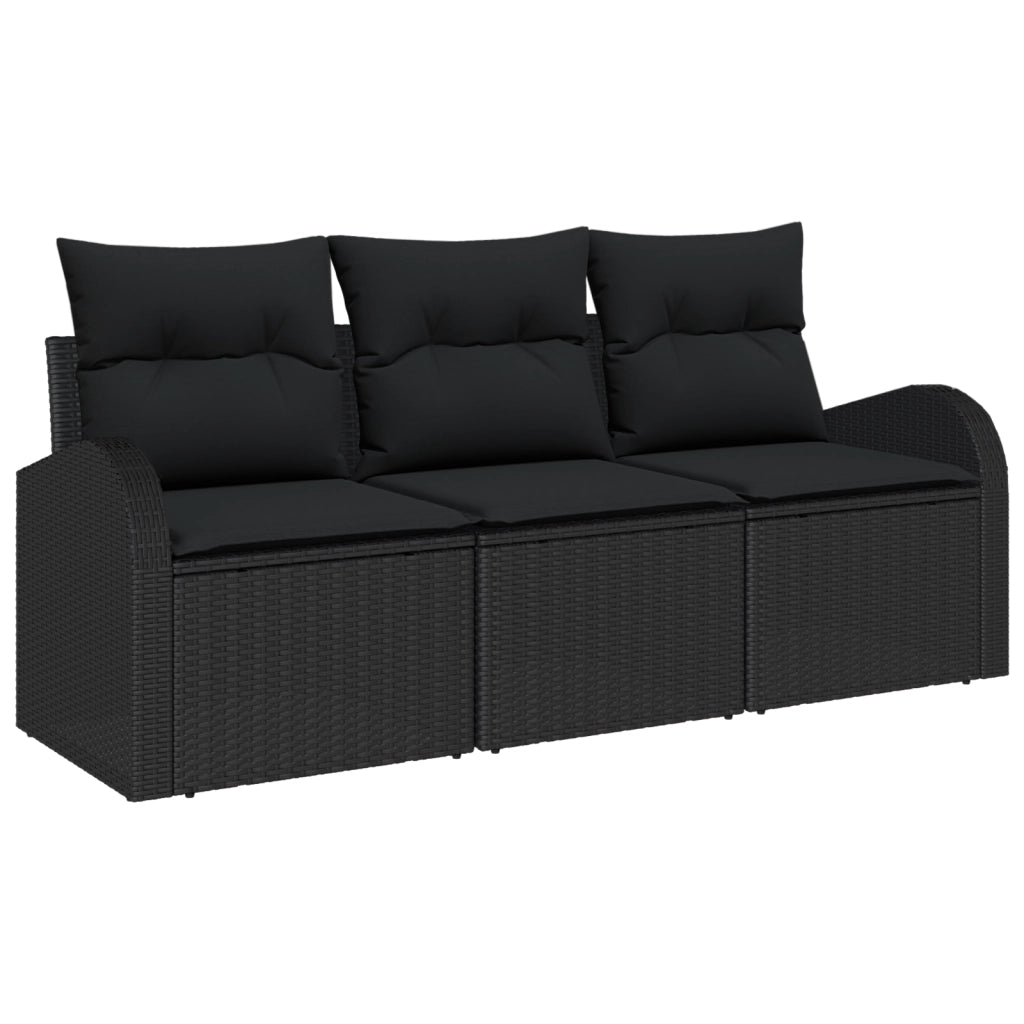 Set Divano da Giardino 3 Pezzi con Cuscini Nero Polirattan