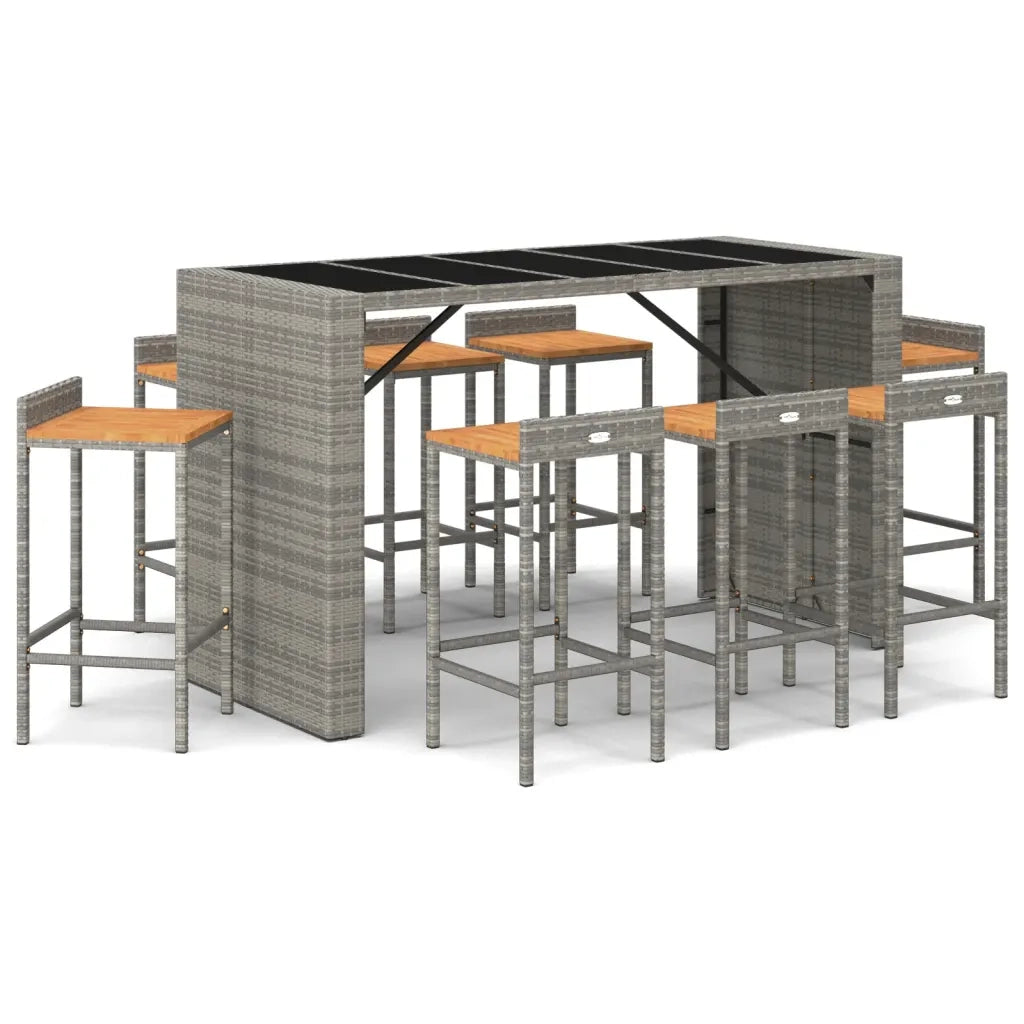 Set Bar Giardino 9pz Grigio Polyrattan e Legno Massello Acacia