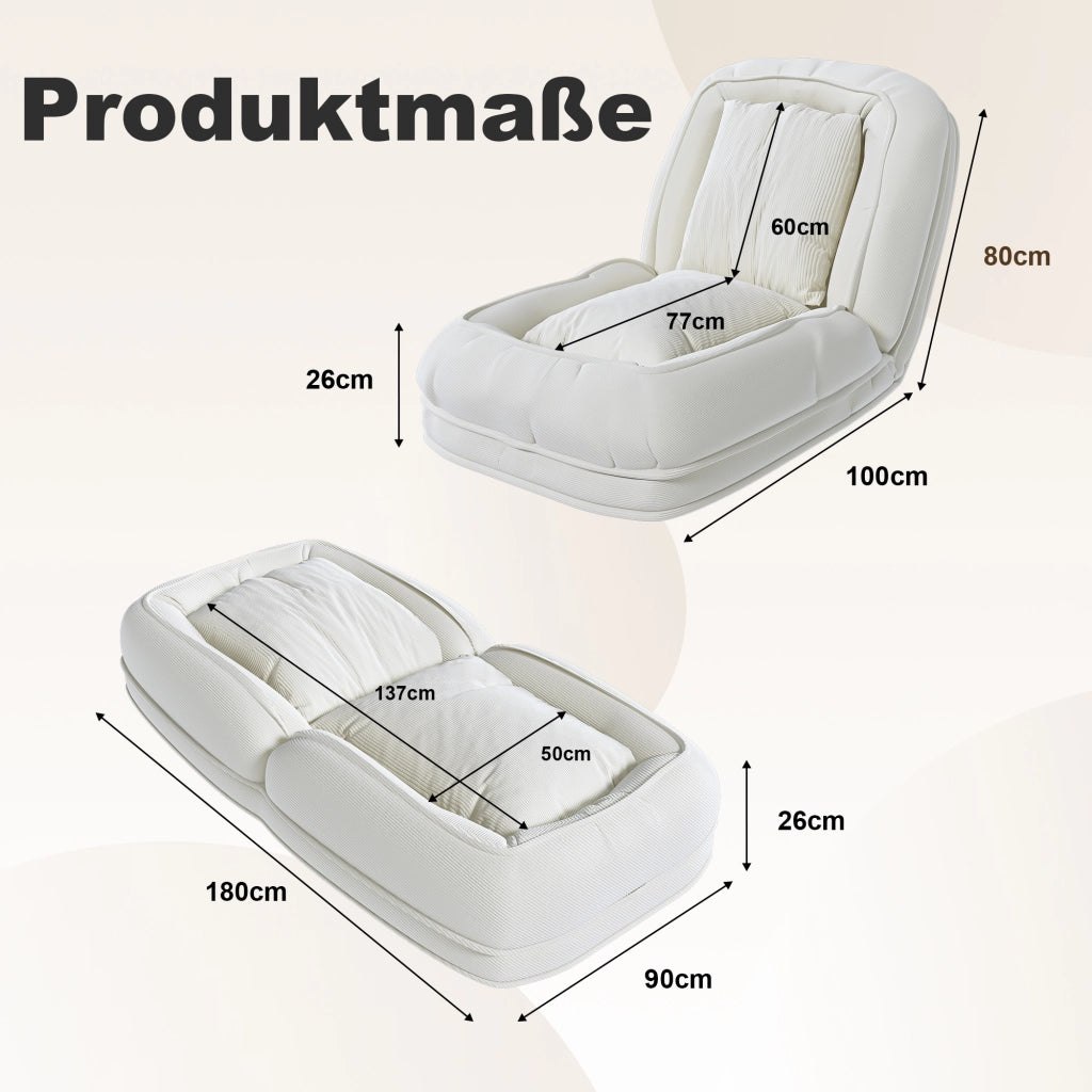 Divano letto pieghevole ergonomico con schienale regolabile a 5 posizioni e 2 cuscini in tessuto bianco sporco