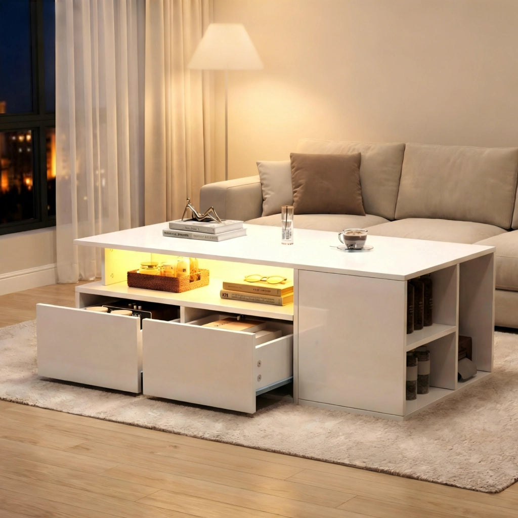 Tavolino da caffè LED bianco 100x50x35 cm con 2 cassetti