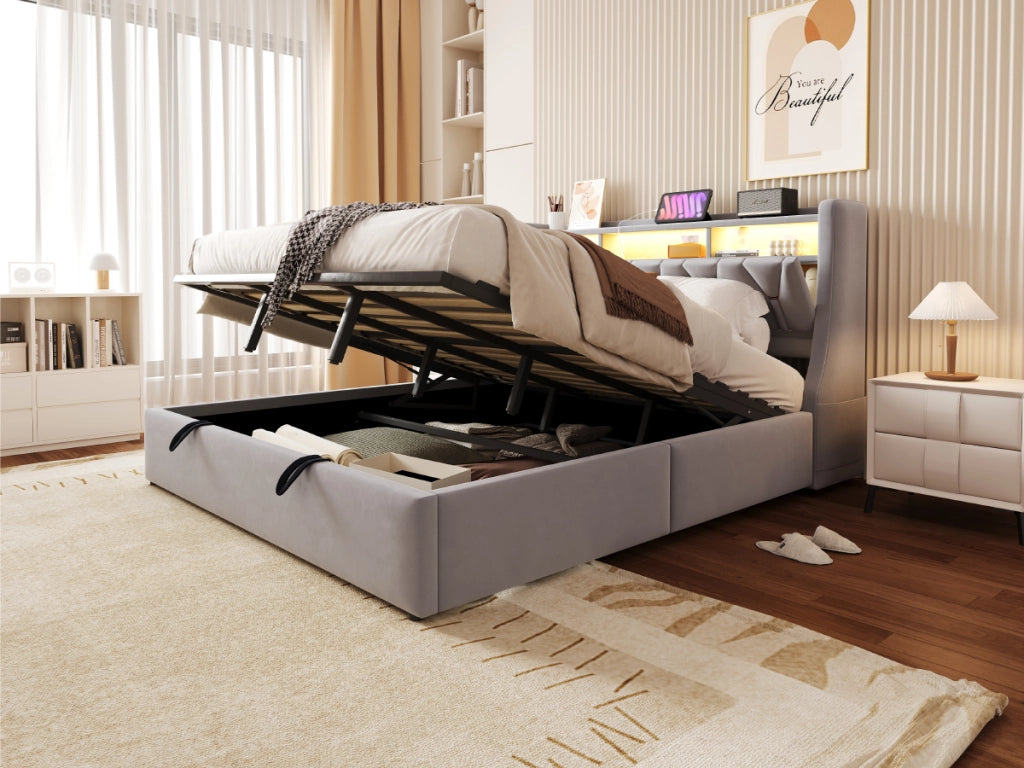 DESMIU Letto Matrimoniale 180 × 200 cm con contenitore idraulico, USB e Type-C, LED, senza materasso, in velluto, grigio
