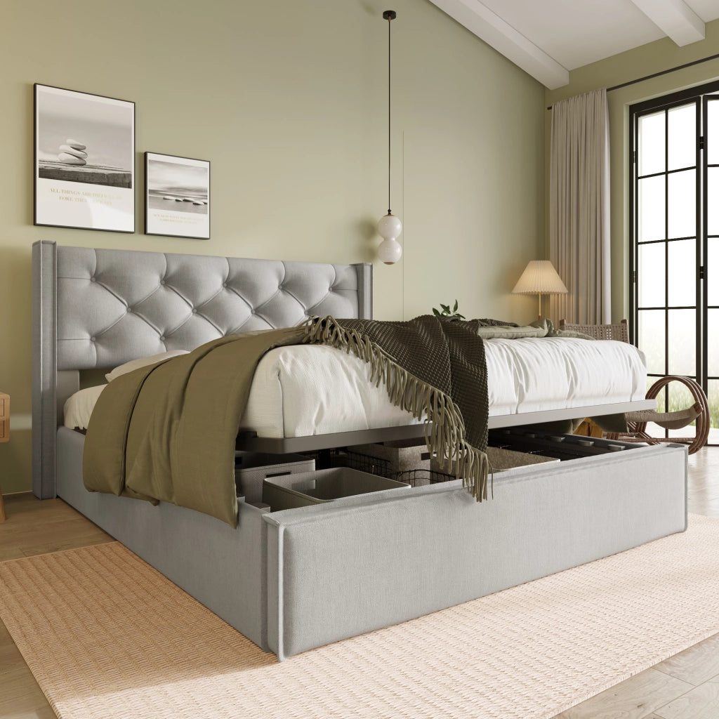 Letto matrimoniale imbottito 140x200 cm con rete a doghe in legno, contenitore sollevabile, grigio chiaro