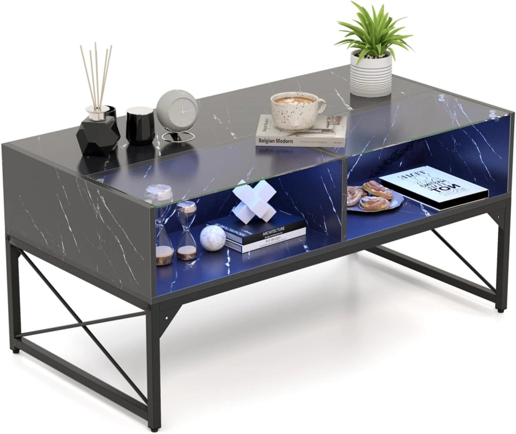 Tavolino da salotto moderno con luci a LED regolabili e 4 cubi, tavolo da salotto moderno con piano in finto marmo e vetro temperato, telecomando incluso, bianco/nero (bianco)