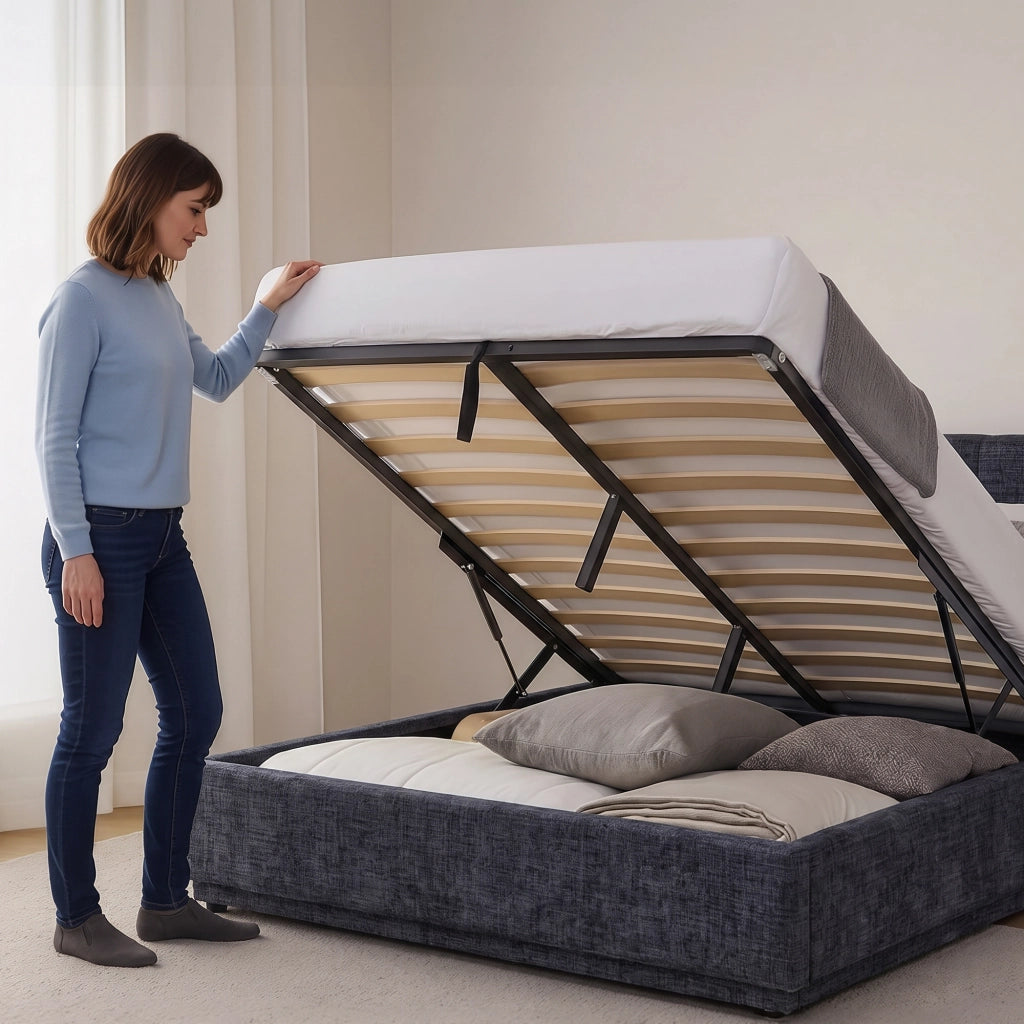 Letto Francese Contenitore Tröstiar con Apertura a Ribalta e Luce LED 140x200 cm - Effetto Lino Blu [en.casa]