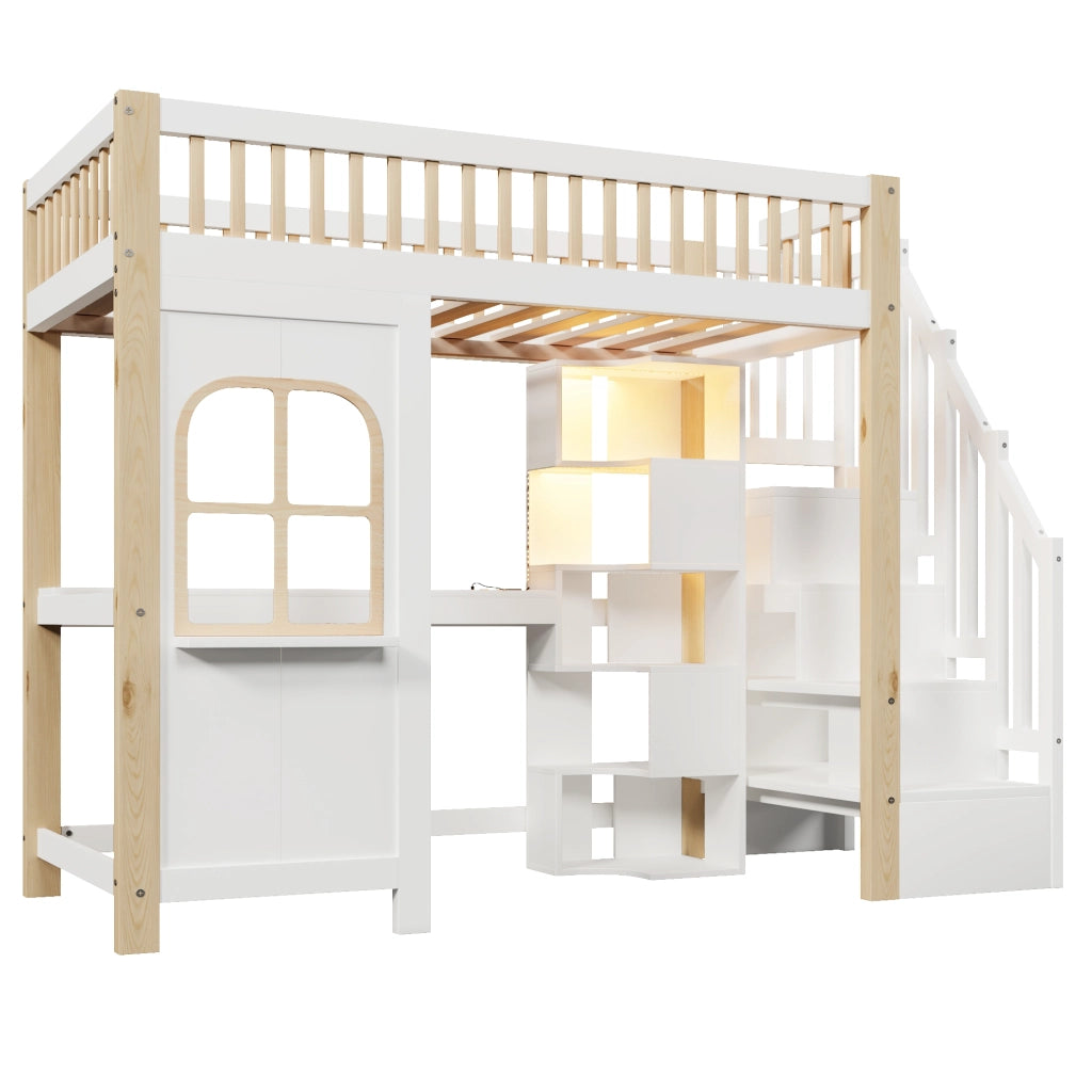 Letto a Soppalco Singolo con LED; Scrivania; Scala Contenitore e Ripiani 90×200 cm; senza Materasso