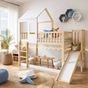 LETTO A CASTELLO con scivolo, tetto e finestra 90x200 cm legno naturale/bianco