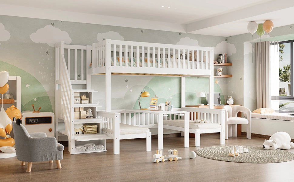 DESMIU Letto a castello 2 posti con scala contenitore, tavolo ribaltabile e barriera, 90 × 200 e 120 × 200 cm, senza materasso