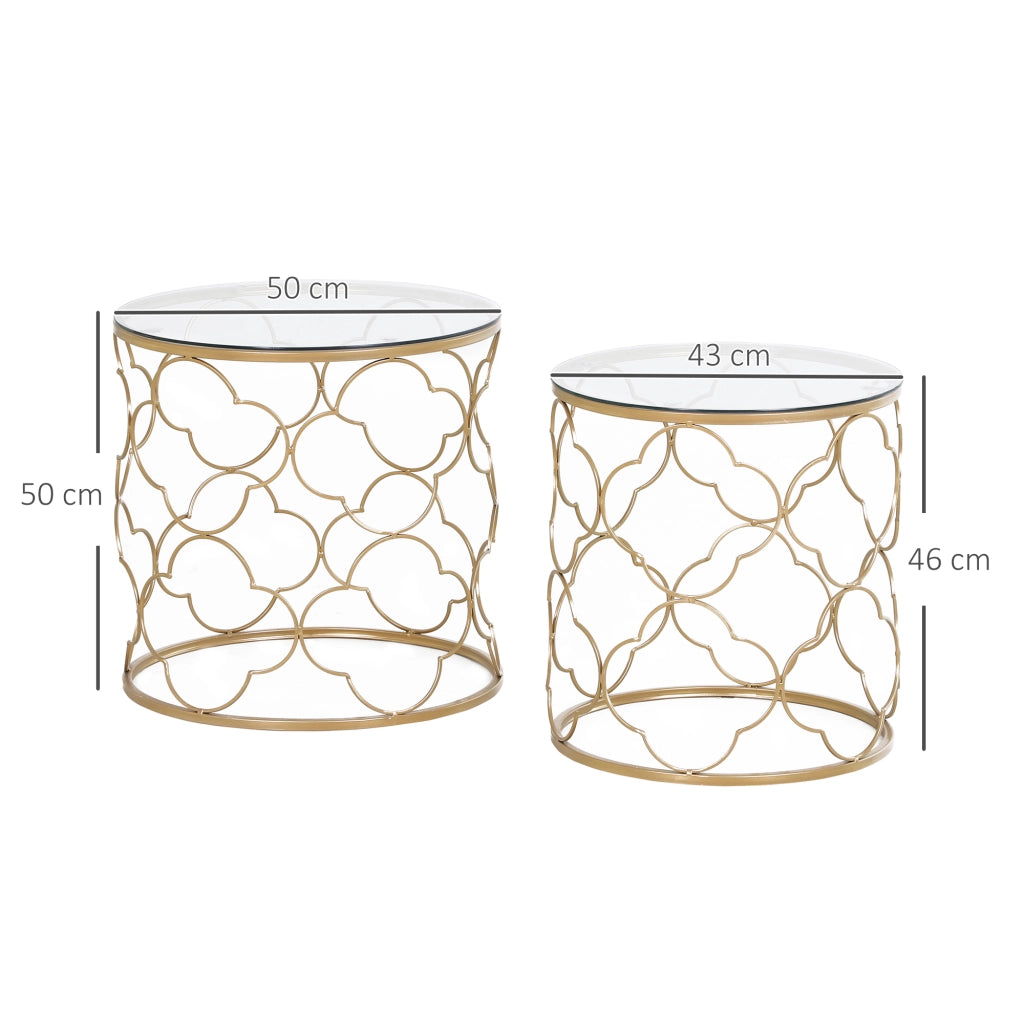 EasyComfort Set di 2 Tavolini da Salotto Impilabili Art Deco in Metallo con Piano in Vetro, Oro
