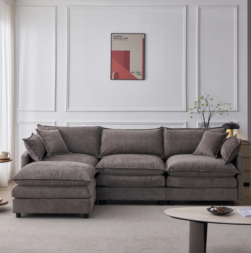 Divano angolare modulare 3 posti in ciniglia grigio con pouf HOMVRA