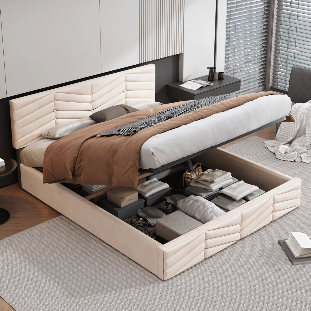 Letti contenitori 140x200 cm; testiera regolabile; velluto beige