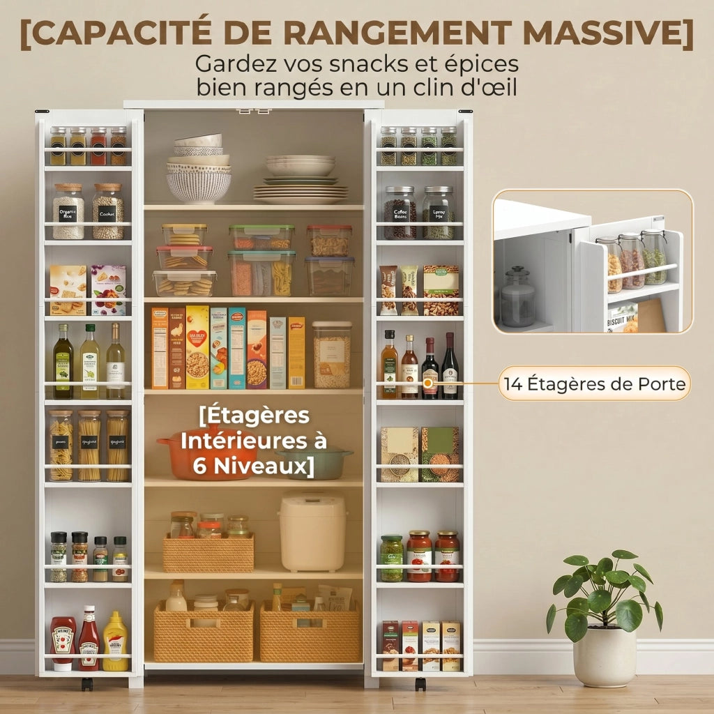 Armadio da cucina ¨C zephmum ¨C 2 ante con ruote, 6 scomparti, 14 portarack, ripiani regolabili, bianco