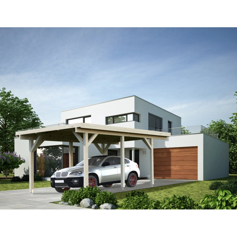 Carport singolo in legno lamellare 11,7 m² con tetto in perline 19 mm per auto da giardino 360x510 cm - Esterni da Vivere