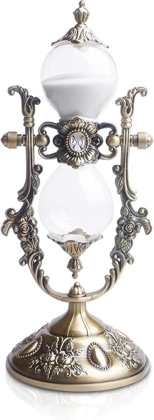 Timer Decorativo con Cassetta di Sabbia in Vetro - 15 Minuti - Cassetta di Sabbia Bianca - Struttura in Acciaio Inox con Finestra in Vetro.