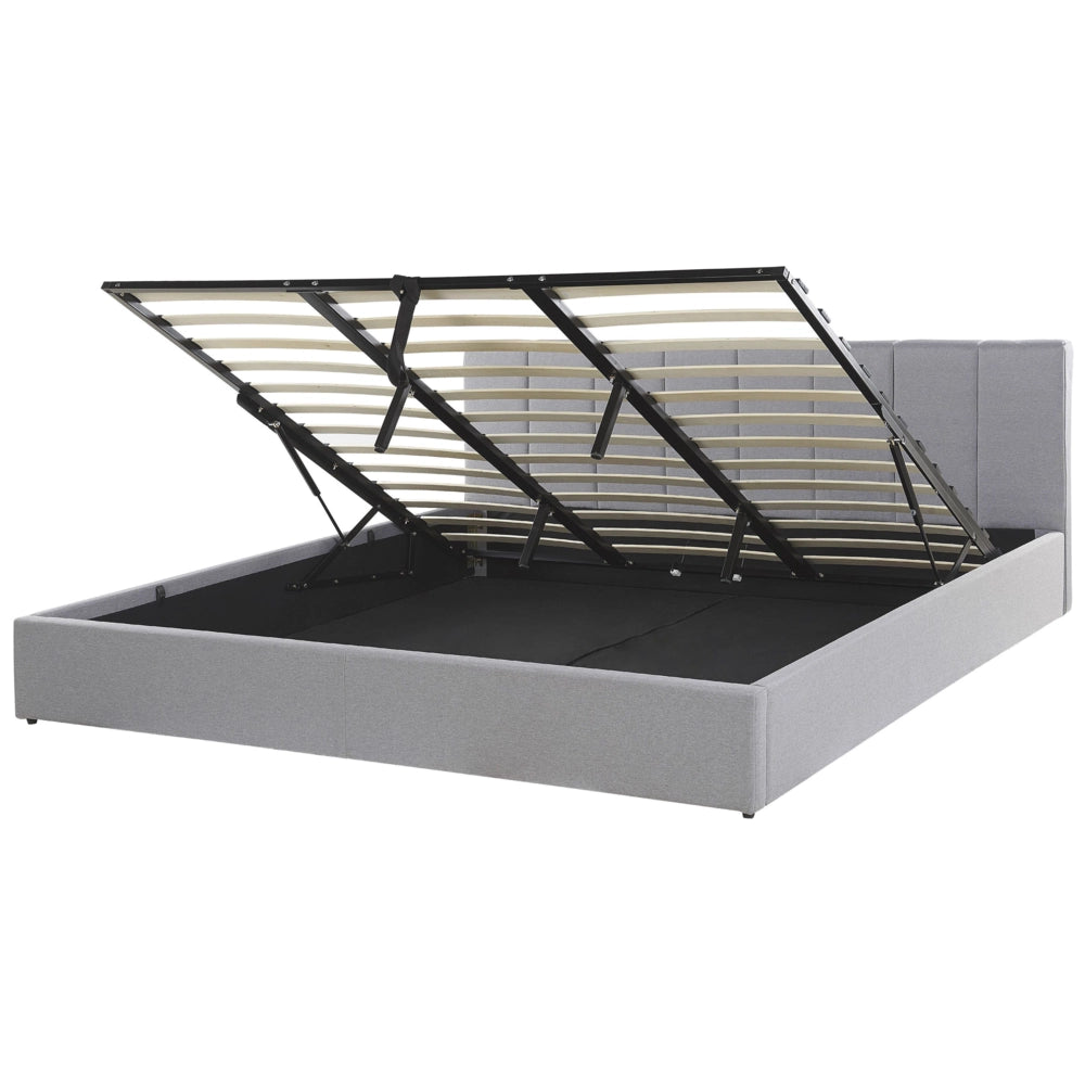 Letto contenitore Rivestimento in tessuto grigio chiaro 180 x 200 cm con testiera a doghe