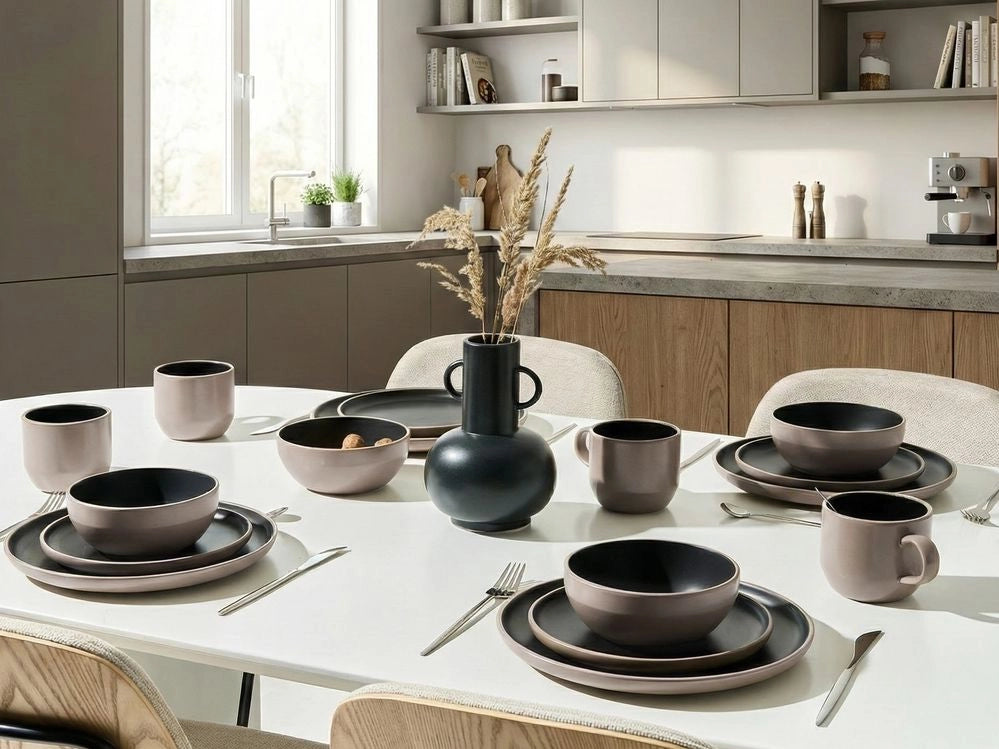 Servizio da tavola 16 pezzi in gres beige e blu elegante per cucina e sala da pranzo con finitura smaltata colorata per 4 persone