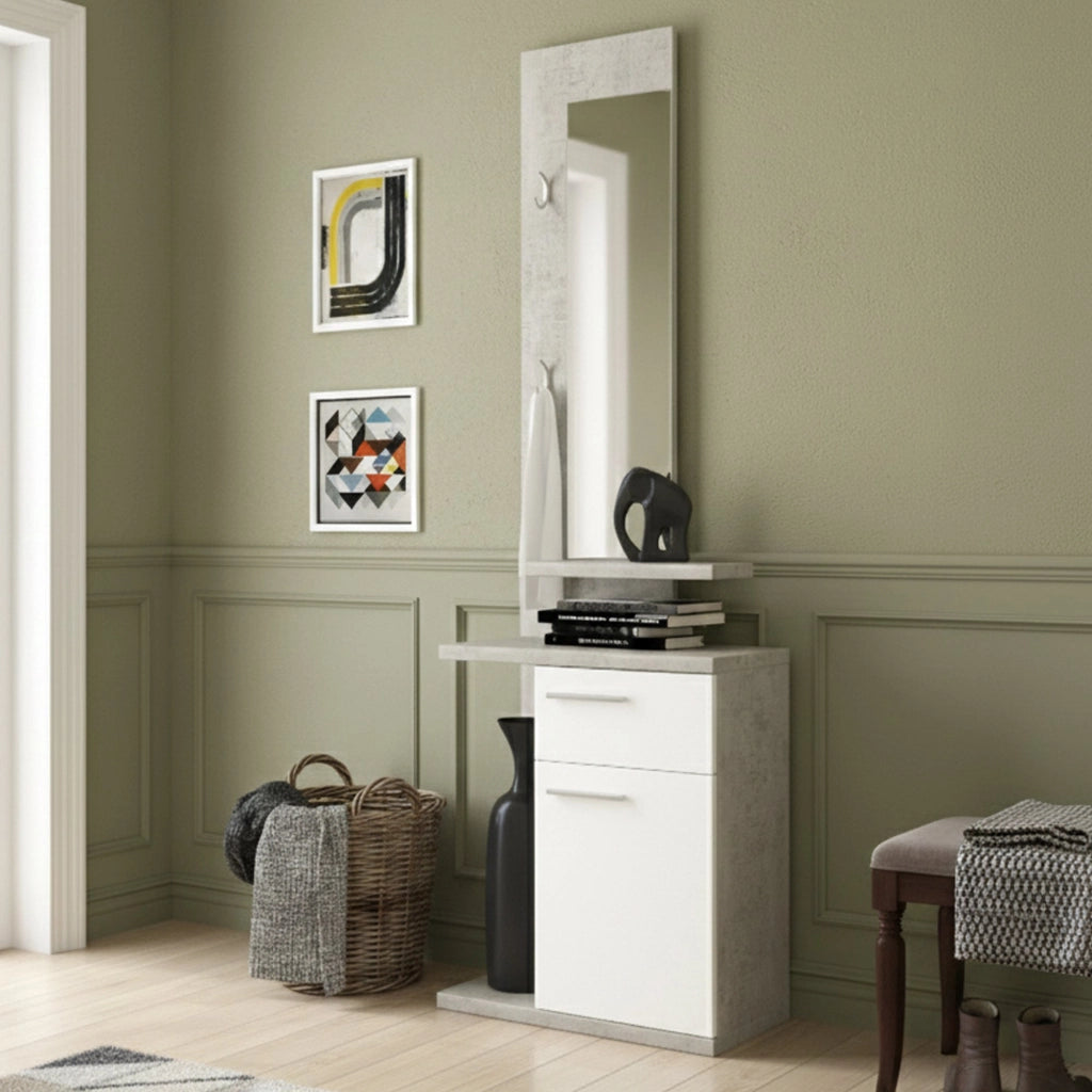 Candiolo, Mobile da Ingresso Specchio Incluso, 61x28x186h cm Grigio Cemento
