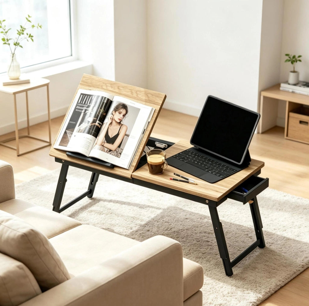 Tavolino laptop 83,5x33 cm nero e rovere in bambù e MDF, con cassetto laterale