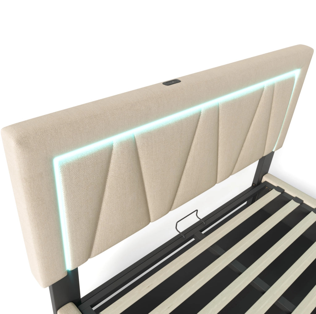 Letto matrimoniale imbottito 140x200 cm con contenitore; LED; USB e Type-C; in lino beige