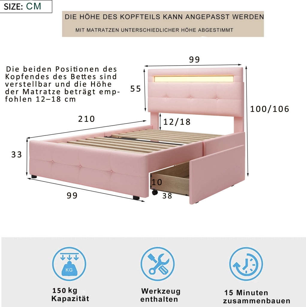 Letto singolo imbottito 90x200 cm con LED e 2 cassetti rosa