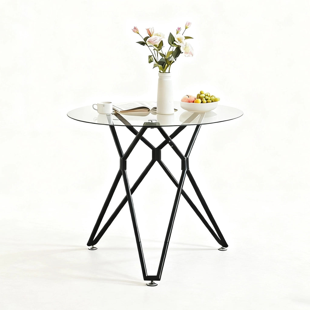 Tavolo da pranzo - rotondo in vetro temperato - gambe metalliche - Ø90 cm - per 1-4 persone - nero - salvaspazio