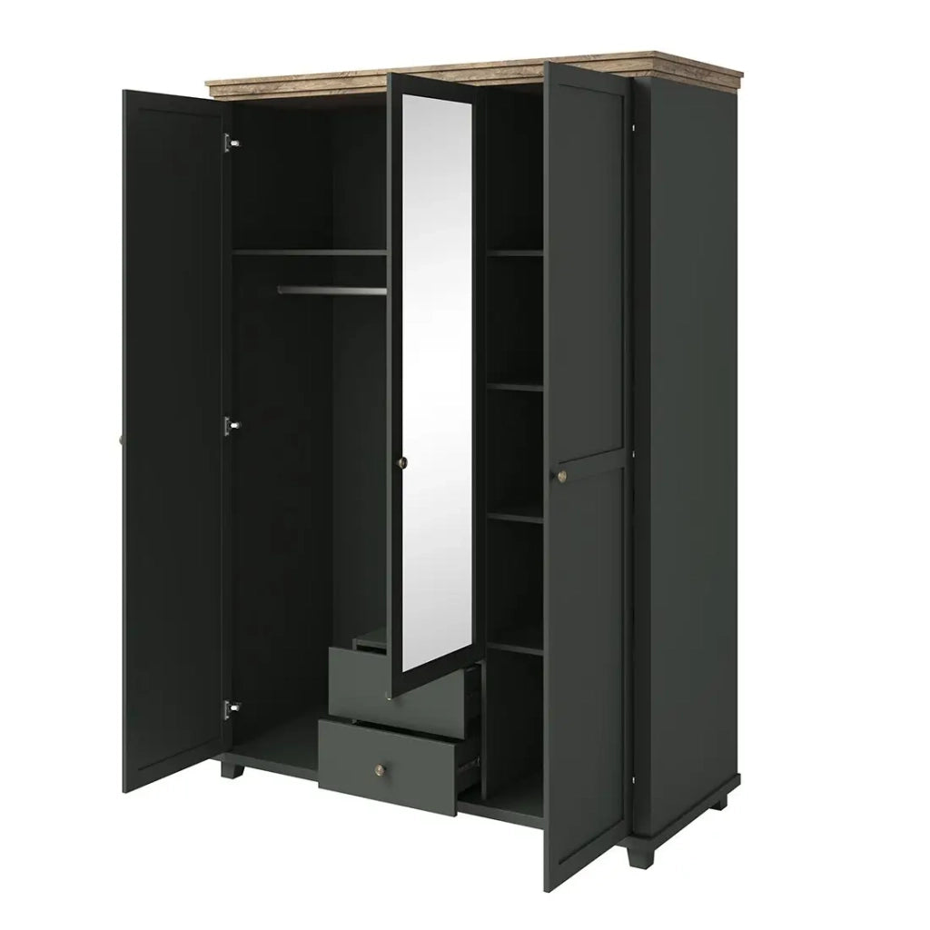 Armadio 150x220 con 3 porte e 2 cassetti. Colore verde kaki e rovere. Collezione ASSIA.