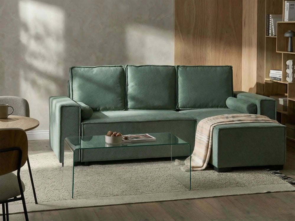 Divano letto angolare a 3 posti con rivestimento in tessuto verde chiaro, lato sinistro, con braccioli contenitore reversibili, stile moderno per soggiorno