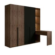 Armadio 4 porte con toeletta integrata NORVIK - Noce e nero - Specchio, LED e compartimenti inclusi