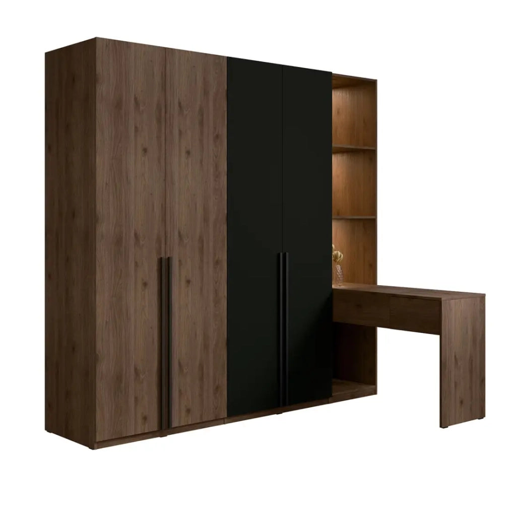 Armadio 4 porte con toeletta integrata NORVIK - Noce e nero - Specchio, LED e compartimenti inclusi