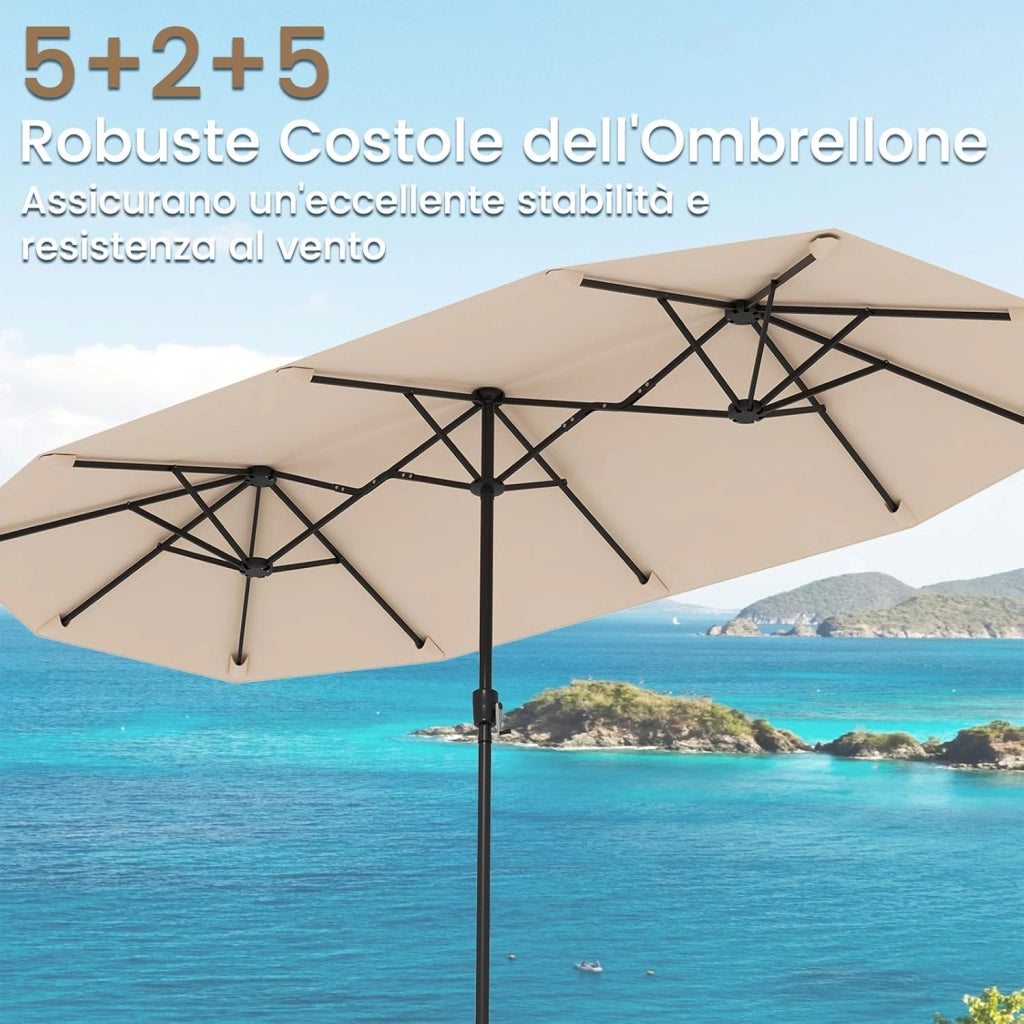 Ombrellone da Giardino Doppio 380 cm, con Manovella e 12 Stecche, Ombrello Rettangolare Pieghevole, per Giardino Piscina Terrazza, 380 x 200 x 222 cm (Beige, Senza Luci)
