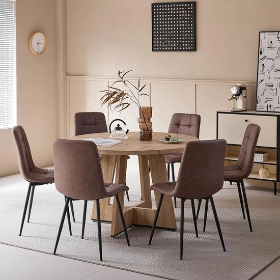 Set di Cucina a Tondo con 6 Sedili - Tavolo da Cucina e Poltrone in Pelle di Finto Pelle