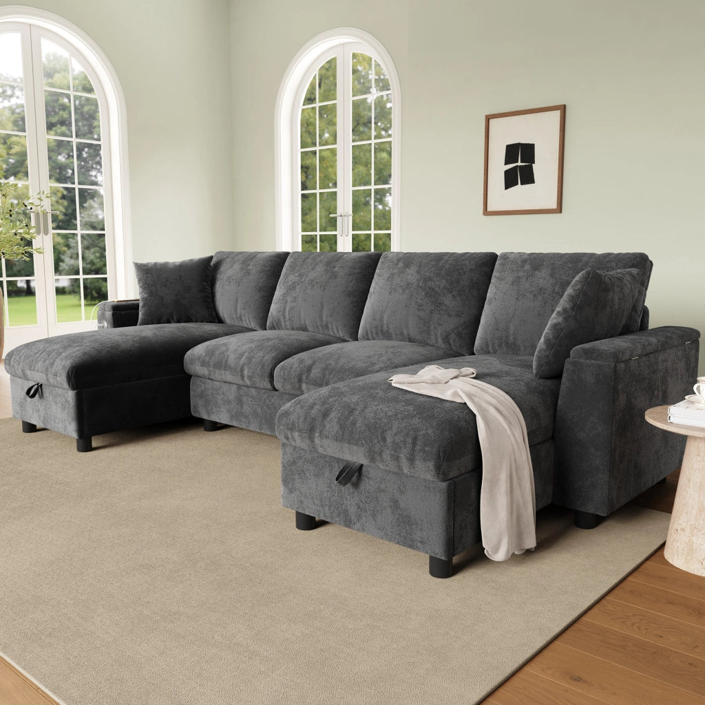 Divano a U con chaise longue e vano contenitore, 1 USB e 1 Type-C, in chenille grigio 279 × 135 × 84 cm