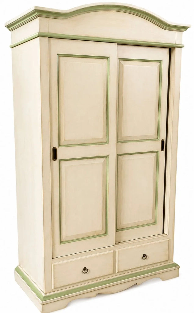 Armadio 2 ante scorrevoli legno shabby avorio anticato filo verde 122x59x200 - Mobili 2G