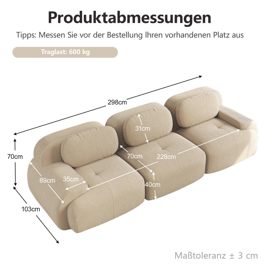 Divano angolare modulare 298x103x70 cm senza montaggio in velluto a coste beige