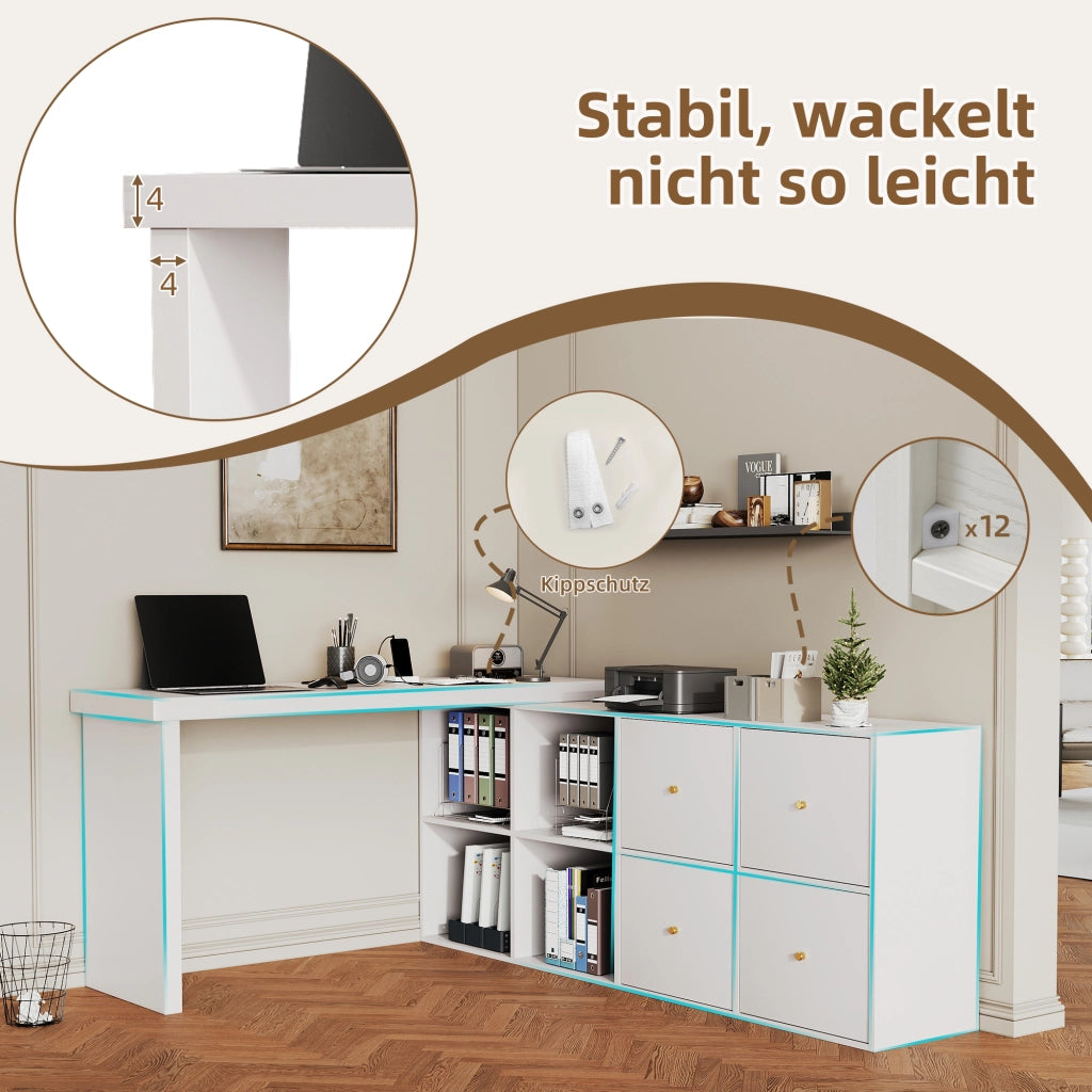 SCRIVANIA girevole 360° L 120x48x78 cm MDF bianco con 8 scomparti